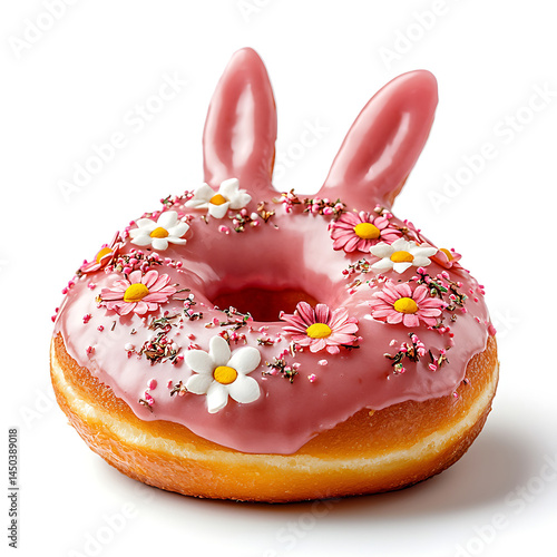 Obraz na płótnie Pink glazed donut adorned with bunny ears and delicate daisy decorations perfect for Easter or springtime celebrations. w salonie
