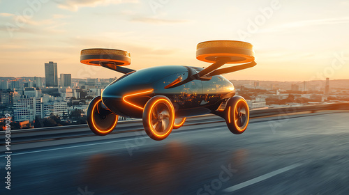Futuristic personal flying vehicle hovering over a highway with a city skyline silhouetted against a golden sunset.