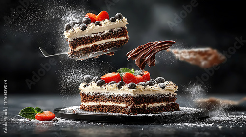 Obraz na płótnie Chocolate cake slices with cream berries and dusting of powdered sugar; captured mid-air on a dark background. w salonie