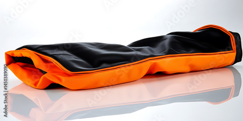 Obraz na płótnie Black and orange fabric object possibly a bag or cover lying horizontally on a reflective surface. w salonie