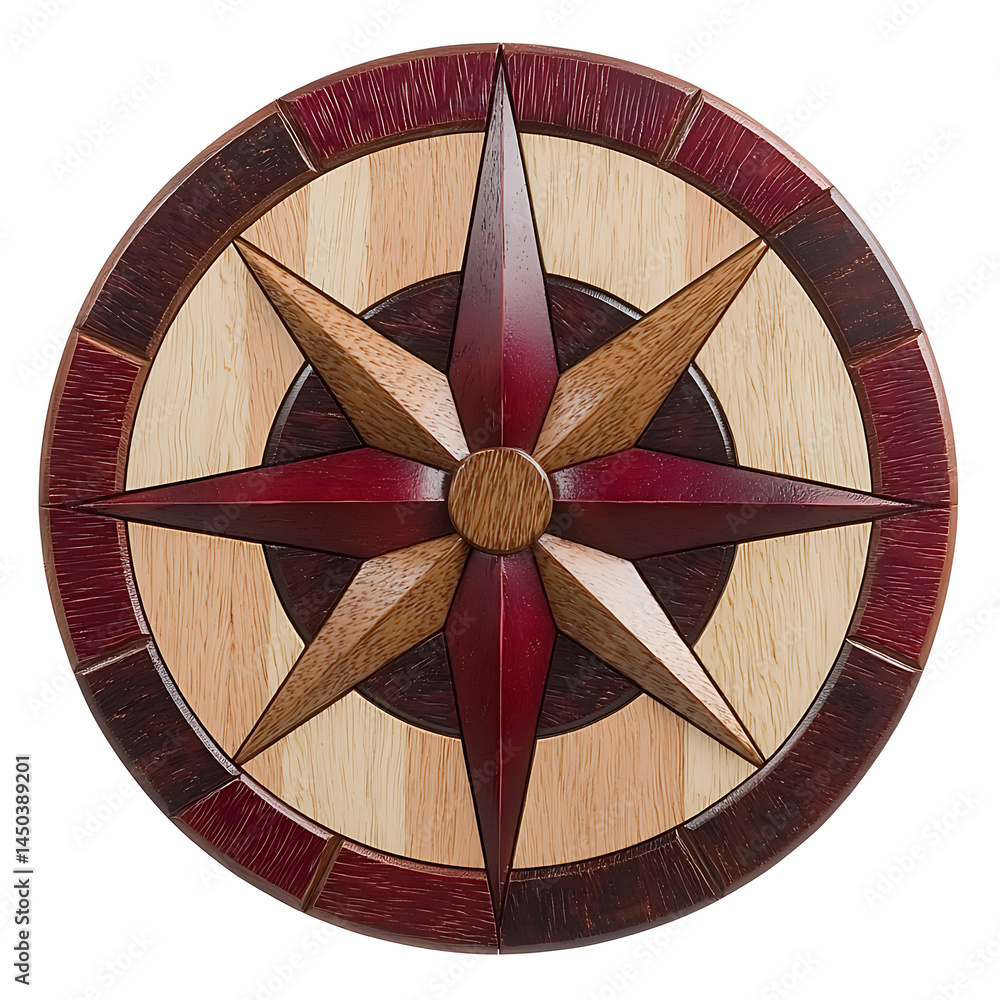 Handcrafted wooden compass rose mosaic featuring multi-toned radiating star design with circular frame detail.