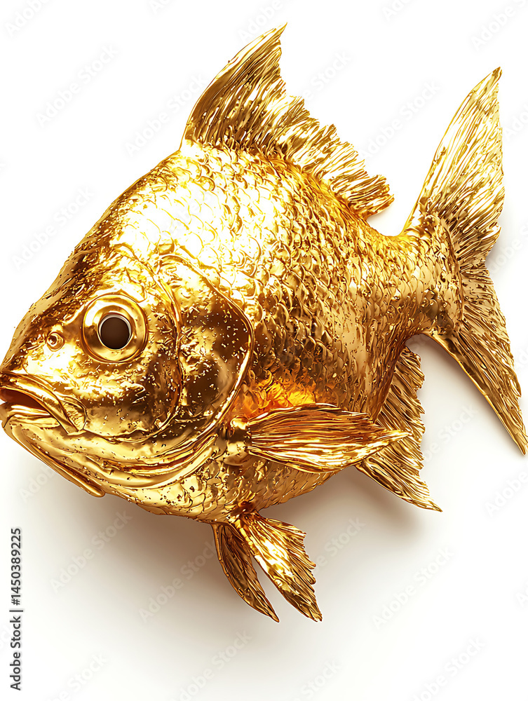 Golden fish figurine detailed texture glitters brightly against a plain white backdrop.