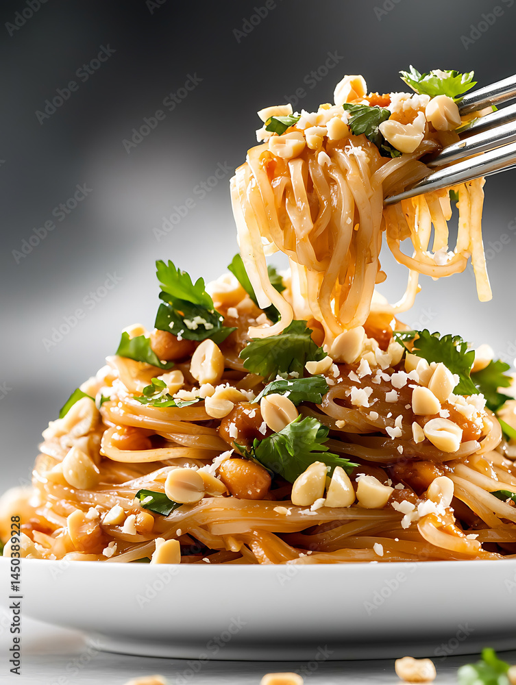 Noodles topped with peanuts and cilantro are lifted with a fork showcasing a delectable and appetizing Asian-inspired dish.