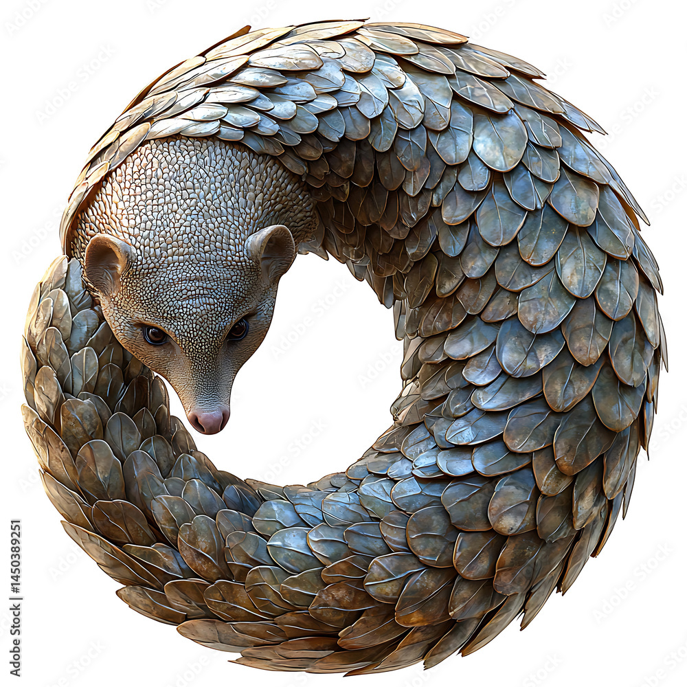 A pangolin curled into a protective circle showcasing its scale armor with a gentle head peeking out.