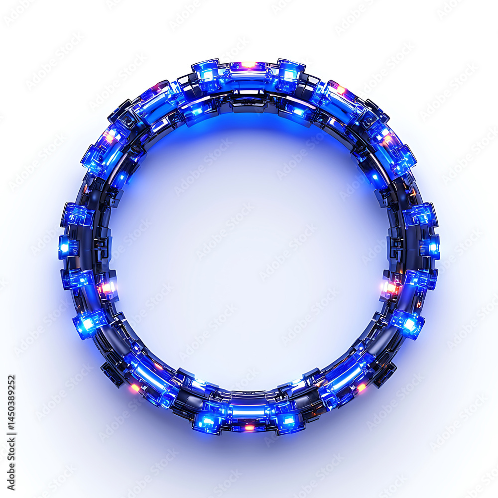 Illuminated circular device with blue and red lights featuring a segmented and futuristic design against a white background.