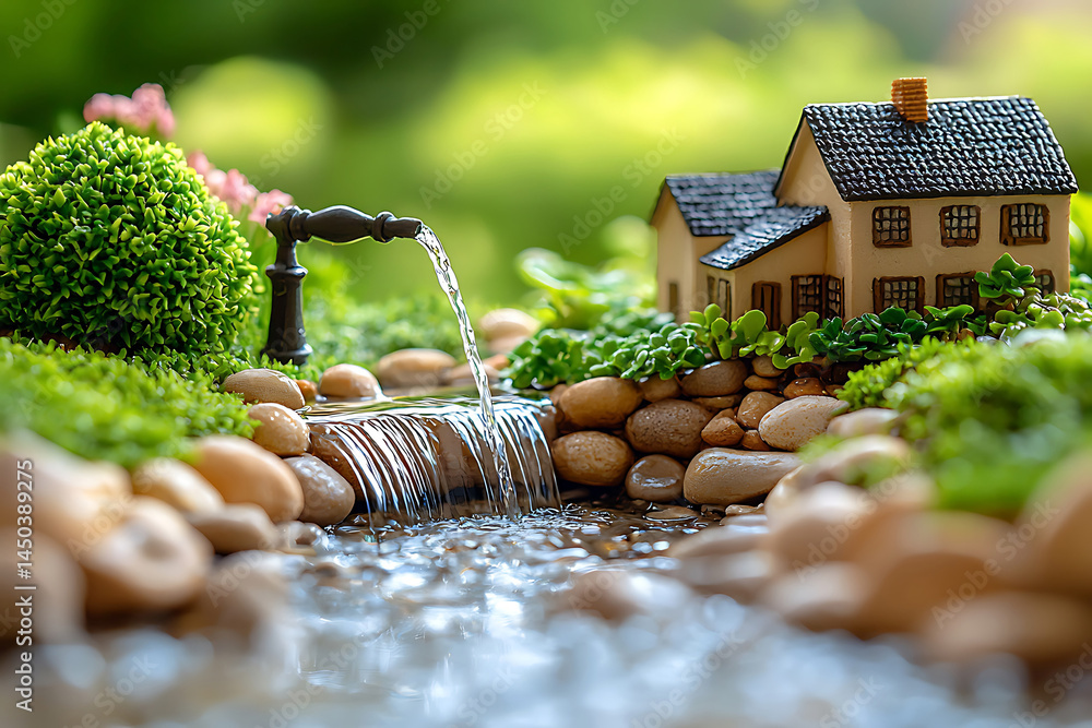 Miniature landscape featuring a tiny house stone-lined stream with a small waterfall and lush greenery against a blurred background.