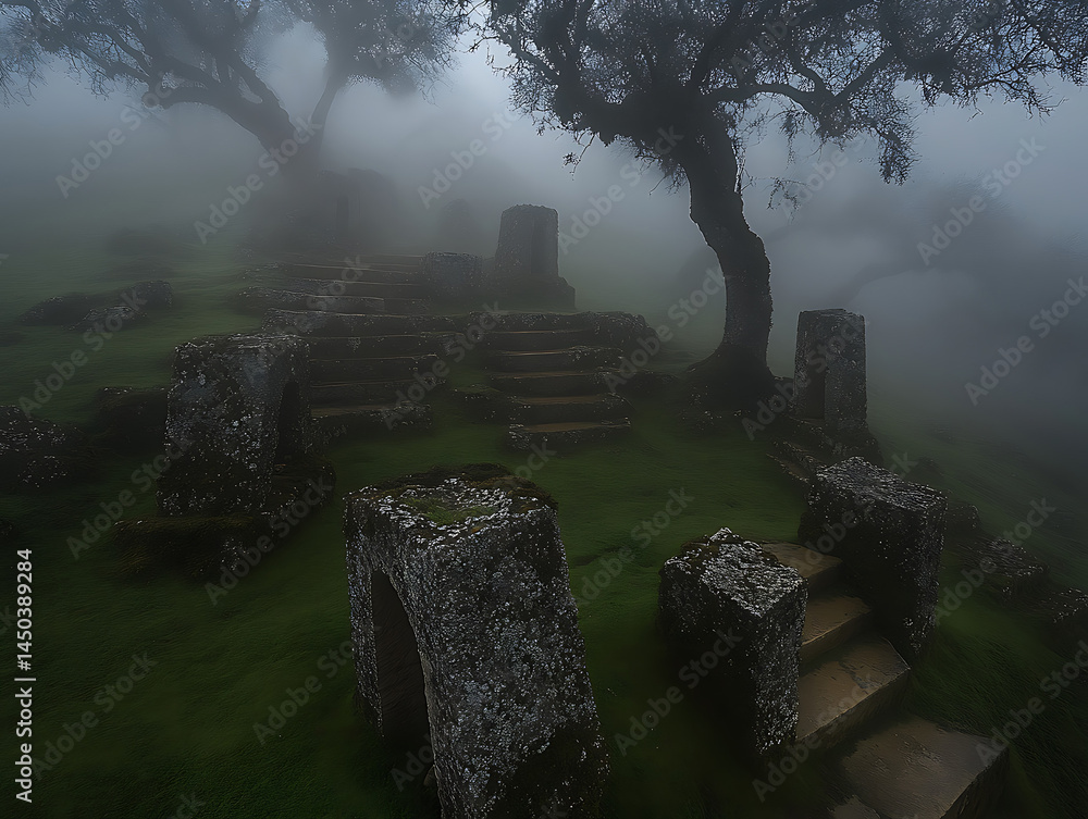 Ancient stone ruins shrouded in mist with weathered steps and archways beneath ghostly gnarled trees.