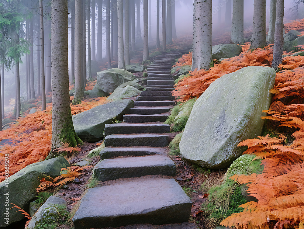 Stone steps ascend a misty forest path flanked by vibrant orange ferns and towering trees.