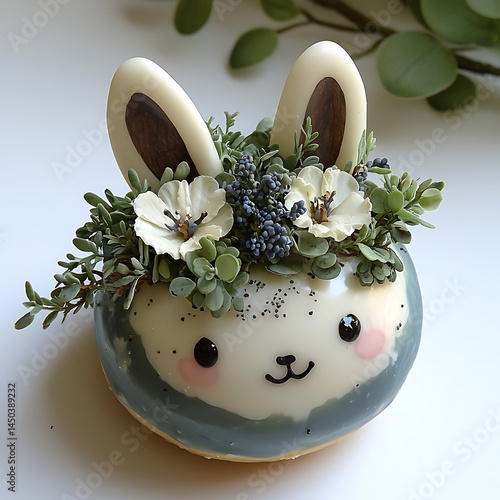 Cute bunny-faced donut with floral and foliage decorations and chocolate ears on a clean white surface.