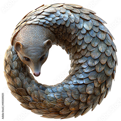 Obraz na płótnie A pangolin curled into a protective circle showcasing its scale armor with a gentle head peeking out. w salonie