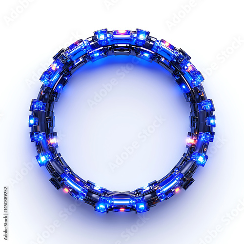 Obraz na płótnie Illuminated circular device with blue and red lights featuring a segmented and futuristic design against a white background. w salonie