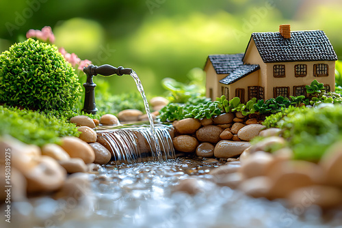 Obraz na płótnie Miniature landscape featuring a tiny house stone-lined stream with a small waterfall and lush greenery against a blurred background. w salonie