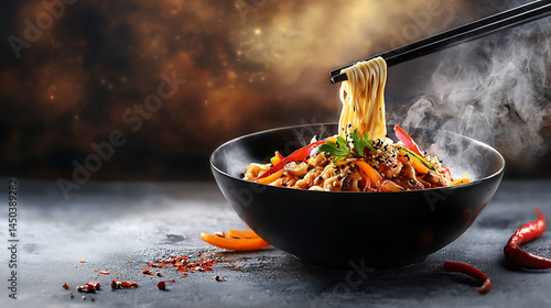 Steaming noodles with colorful vegetables in a black bowl lifted with chopsticks against a dramatic smoky backdrop.