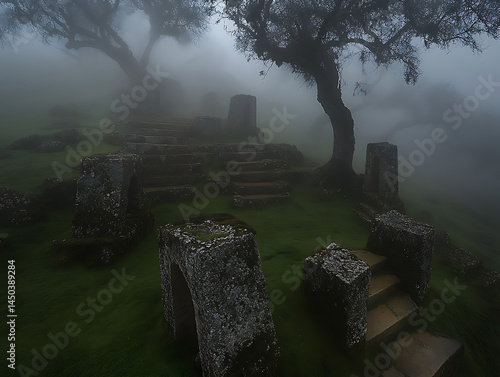 Obraz na płótnie Ancient stone ruins shrouded in mist with weathered steps and archways beneath ghostly gnarled trees. w salonie