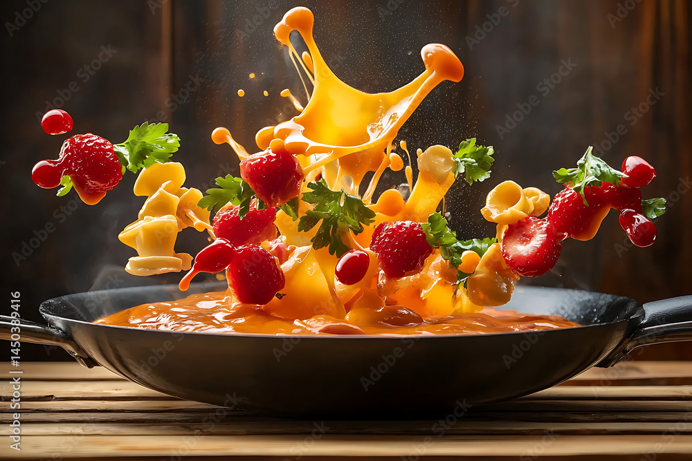 A pan of sauce with exploding pasta raspberries and herbs creates a vibrant and playful culinary display.
