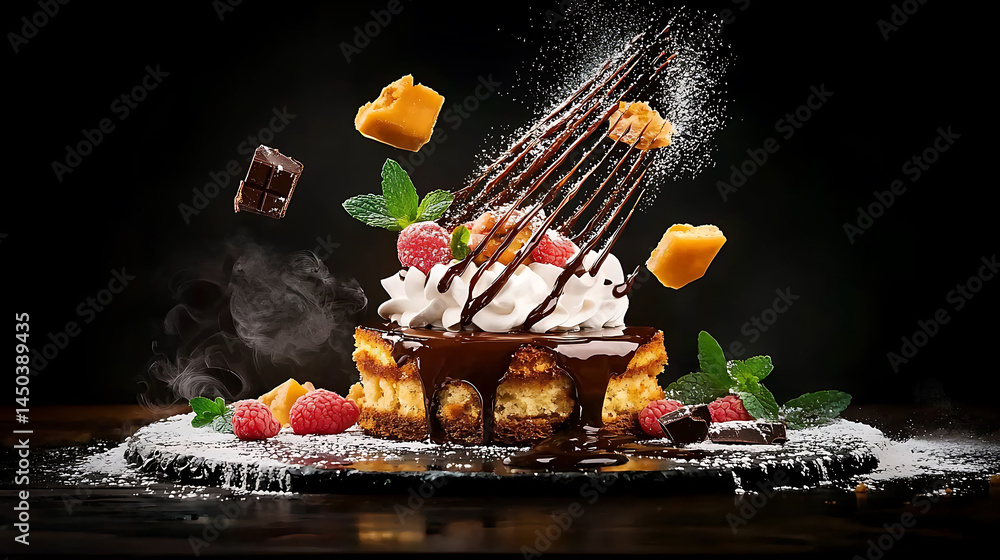 Elaborate cheesecake drizzled with chocolate garnished with fruit mint and flying chocolate against a dark background.