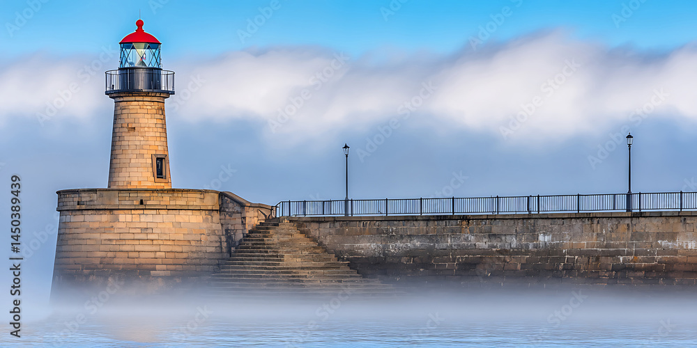 Classic lighthouse with red top amidst a misty scene beside a stone wall stairs lead up under a partly cloudy sky.