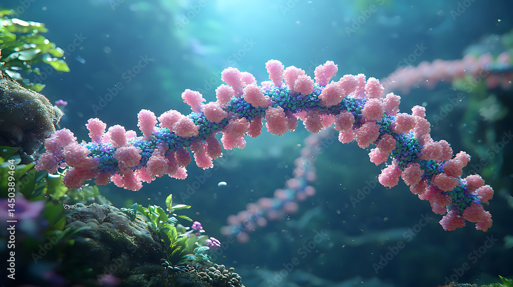 Underwater scene with colorful chain-like coral structures surrounded by vibrant plant life and blue water.