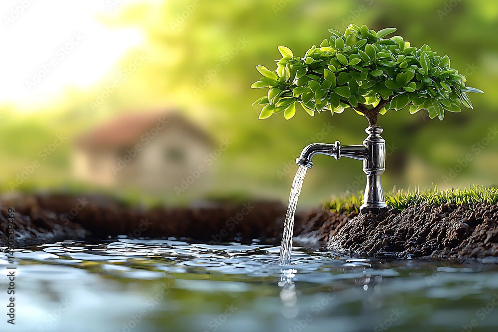 Faucet with a tree sprouting from it pours water into a small pond blurred house in background.
