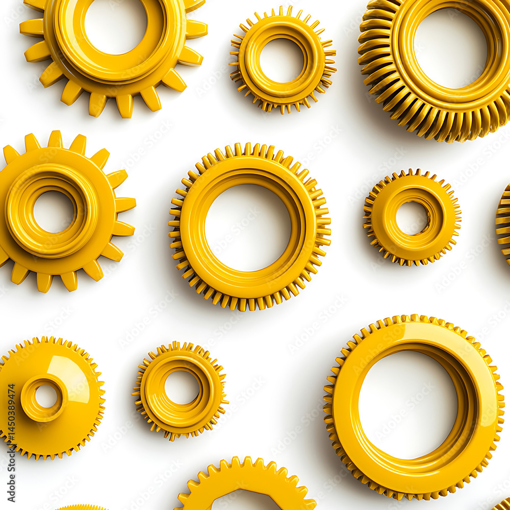 Arrangement of various yellow circular mechanisms gears and rings isolated on a white background demonstrating intricate design.
