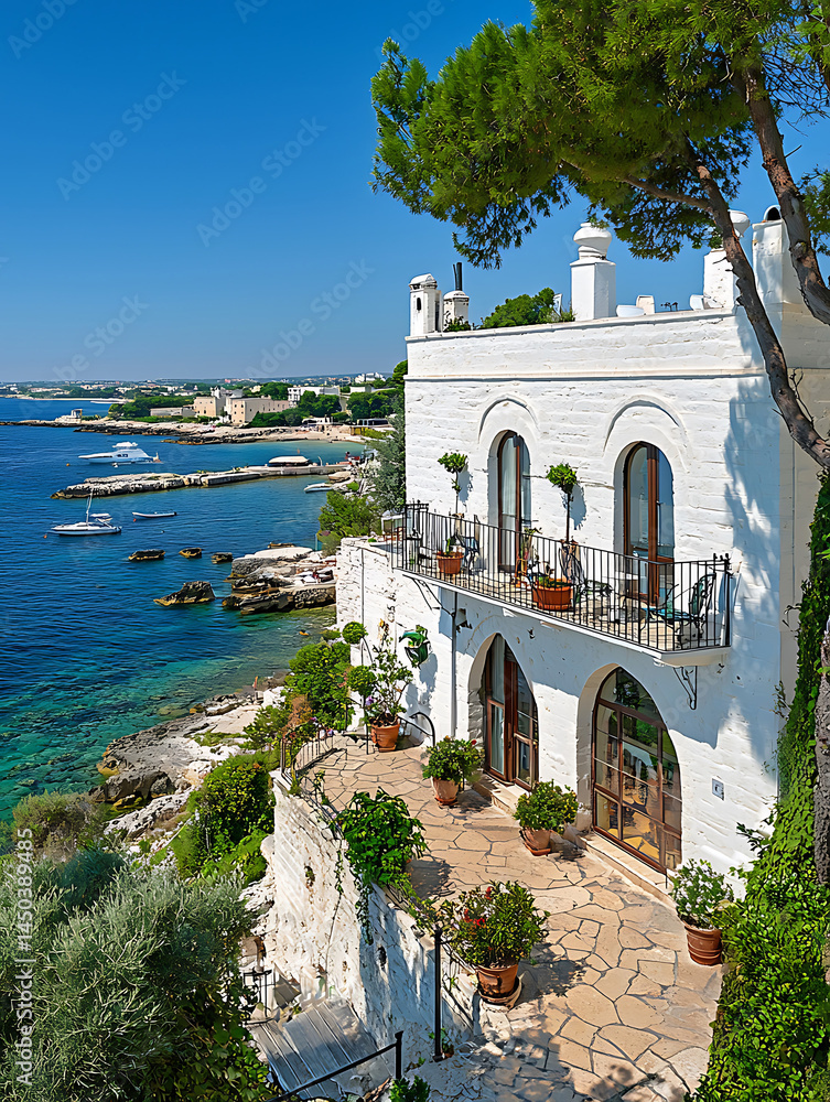 White Mediterranean villa perched on a cliff overlooking turquoise waters with a coastal town visible in the distance.