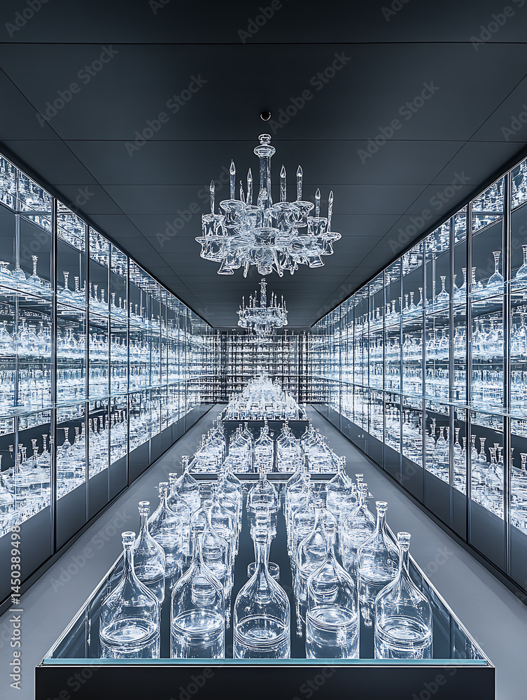 Hall with symmetrical clear glass decanters and glassware display under chandeliers creating an ethereal almost endless perspective.