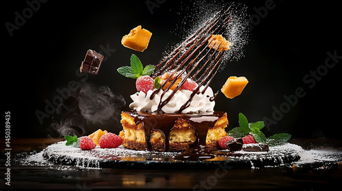 Obraz na płótnie Elaborate cheesecake drizzled with chocolate garnished with fruit mint and flying chocolate against a dark background. w salonie