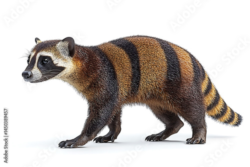 Here's a descriptive title for the image: Brown and black striped raccoon with masked eyes walking on a white background.