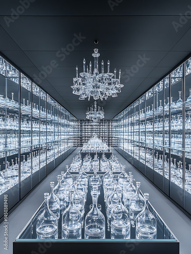 Obraz na płótnie Hall with symmetrical clear glass decanters and glassware display under chandeliers creating an ethereal almost endless perspective. w salonie