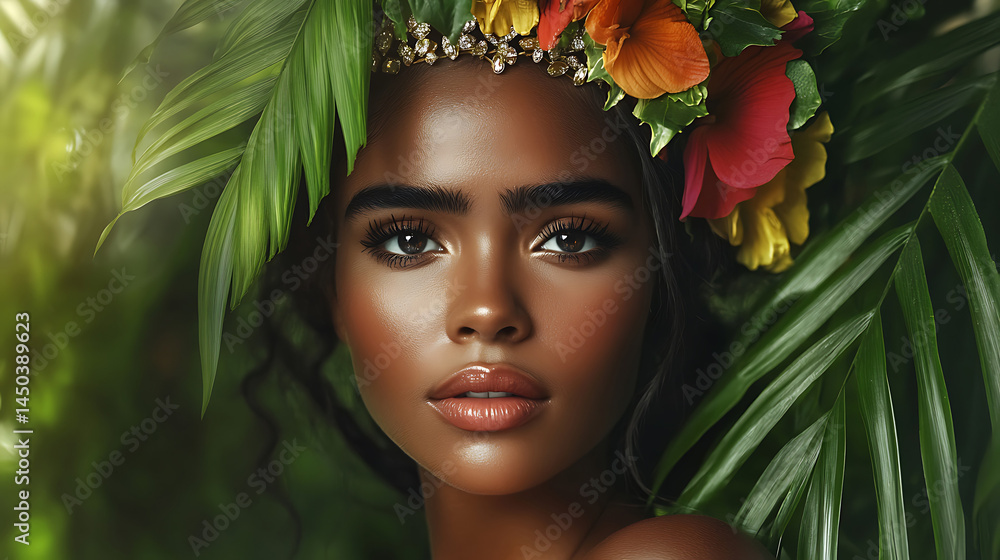 A beautiful woman with dark skin and floral headpiece surrounded by lush green foliage illuminated by soft sunlight.