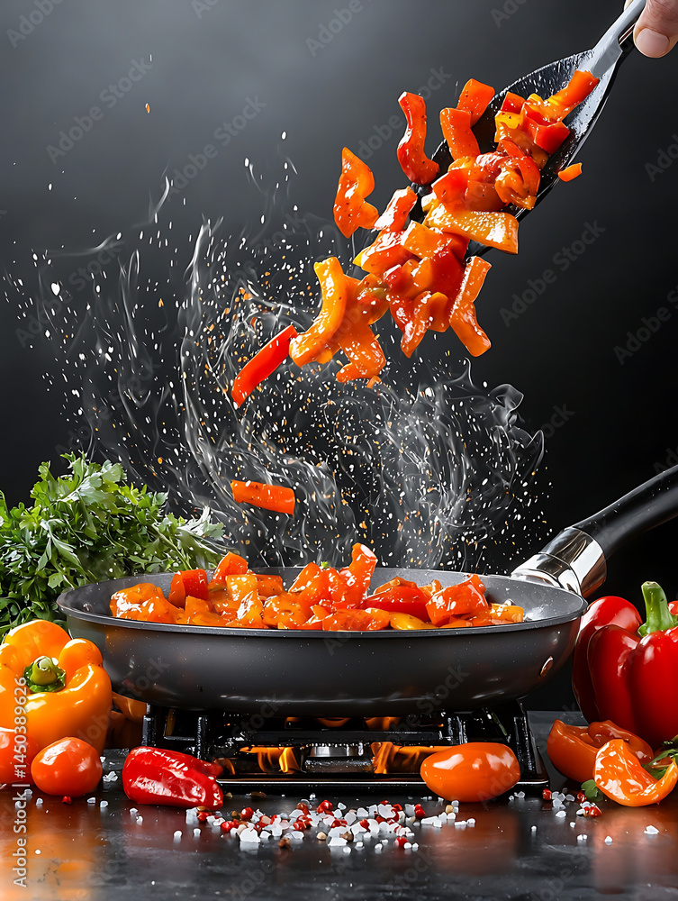 Sizzling pan with diced bell peppers being tossed in mid-air smoke rising surrounded by fresh vegetables and a dark background.