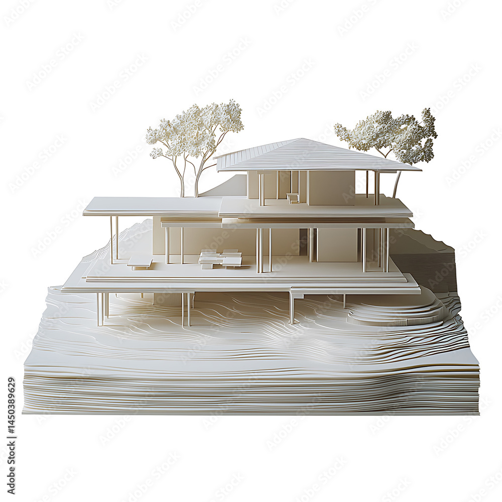 Architectural model of a modern house sits atop topographical layers with stylized trees all in white.
