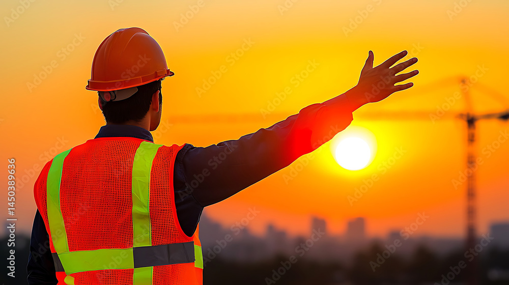 Construction worker in a safety vest and helmet gesturing towards a vibrant sunset over a city skyline and crane.