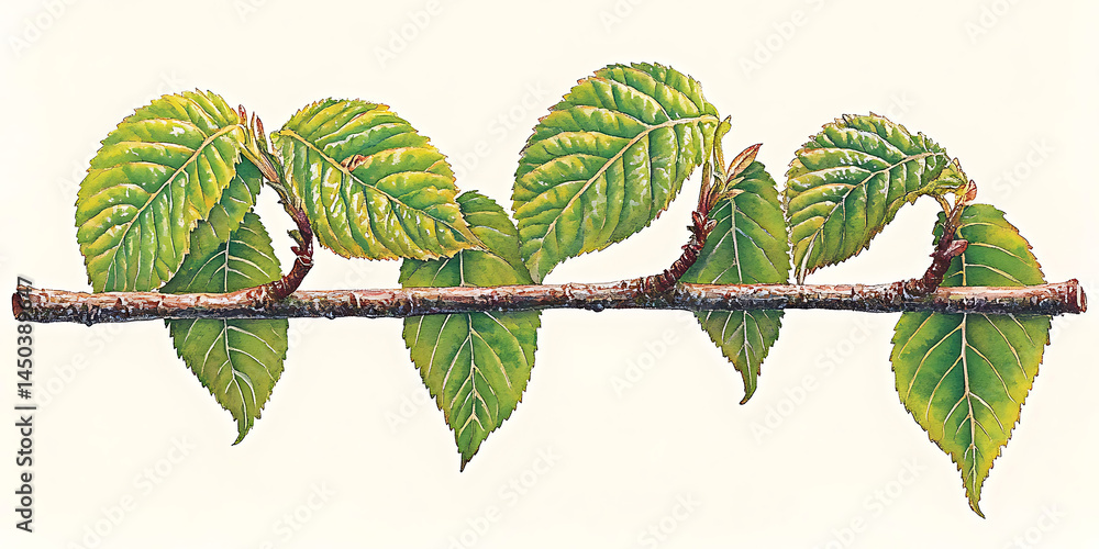 Branch section with pairs of fresh vibrant green leaves sprouting symmetrically along its length against a clean background.