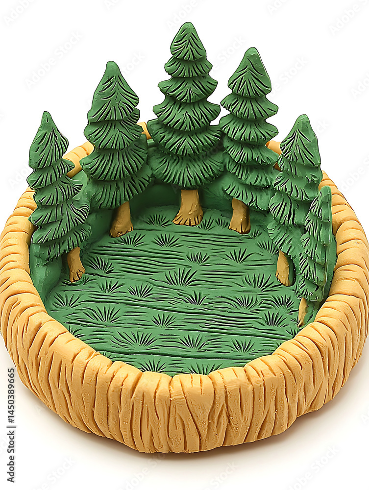 Clay model depicting a small enclosed clearing with green grass and a ring of evergreen trees.