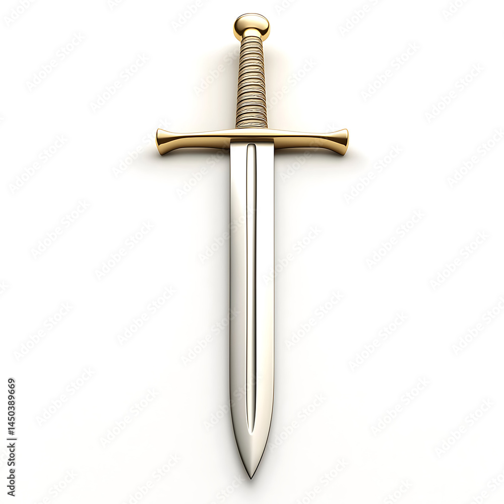 A gleaming medieval-style sword with a golden hilt lies centered against a plain light-colored background creating a stark and impactful image.