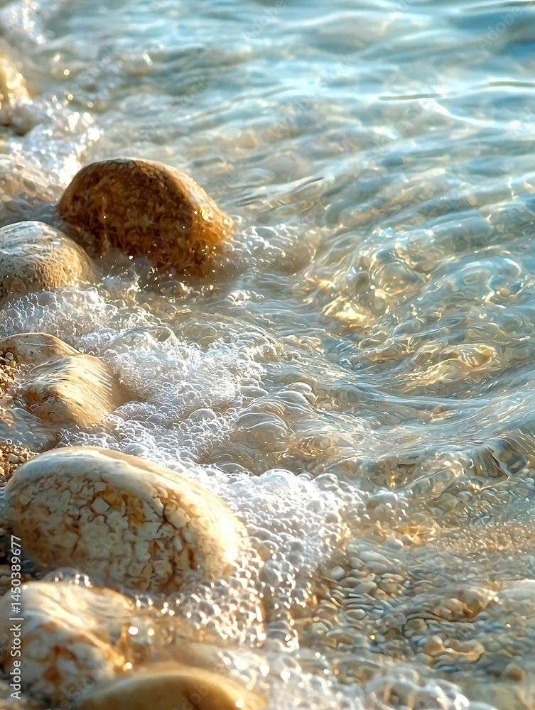 Gentle waves wash over smooth sun-drenched pebbles along the shore creating a tranquil glistening scene by the water's edge.