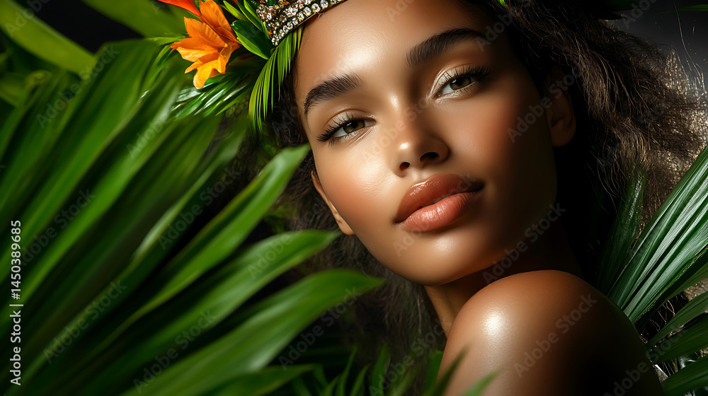 Luminous woman adorned with tropical flowers and jewels framed by lush green foliage in a serene portrait.
