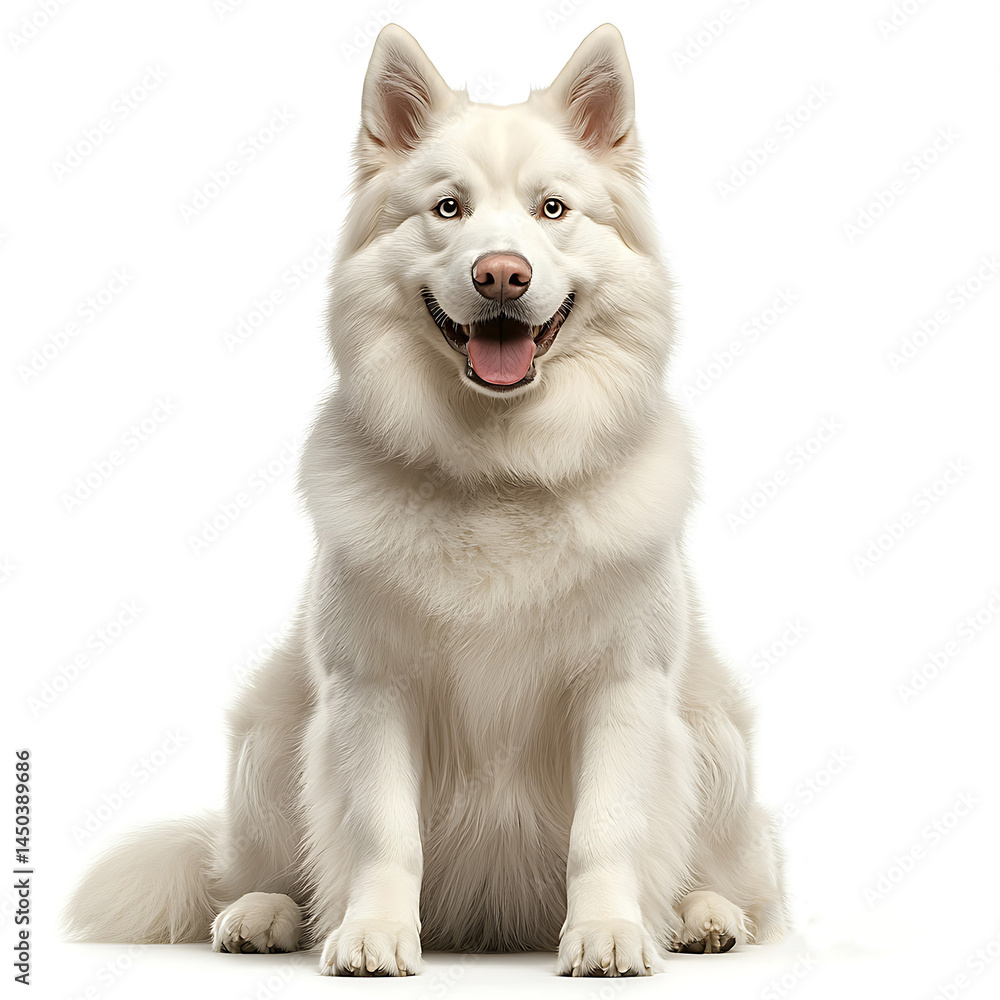 A fluffy white dog with amber eyes sits upright mouth open in a happy friendly expression against a clean white background.