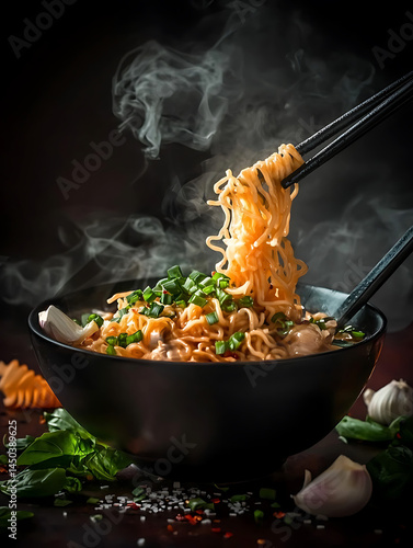 Steaming noodles lifted with chopsticks from a dark bowl garnished with green onions and surrounded by herbs and garlic.