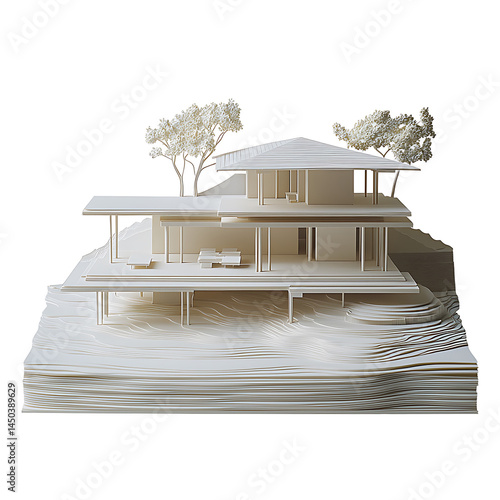 Obraz na płótnie Architectural model of a modern house sits atop topographical layers with stylized trees all in white. w salonie