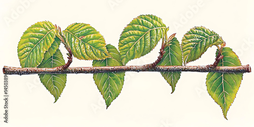 Branch section with pairs of fresh vibrant green leaves sprouting symmetrically along its length against a clean background.