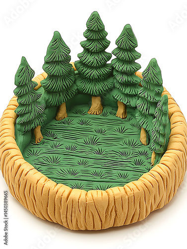Obraz na płótnie Clay model depicting a small enclosed clearing with green grass and a ring of evergreen trees. w salonie