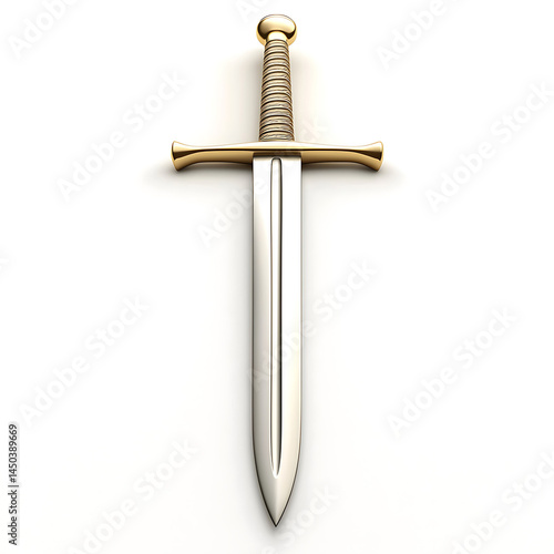 Obraz na płótnie A gleaming medieval-style sword with a golden hilt lies centered against a plain light-colored background creating a stark and impactful image. w salonie