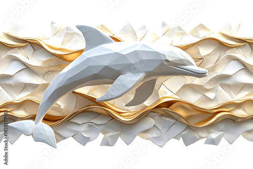 Geometric white dolphin sculpture leaps across stylized textured waves of white and gold against a crisp white background.