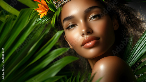 Obraz na płótnie Luminous woman adorned with tropical flowers and jewels framed by lush green foliage in a serene portrait. w salonie