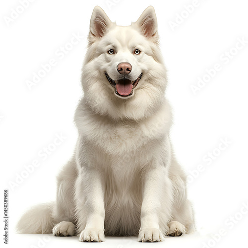 A fluffy white dog with amber eyes sits upright mouth open in a happy friendly expression against a clean white background.