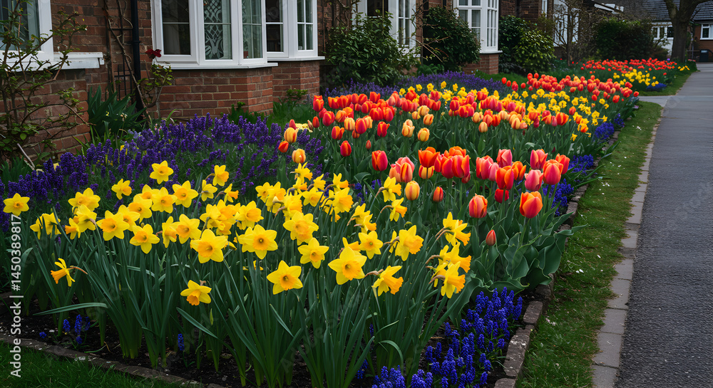 Fototapeta premium Colorful Spring Flowerbed Near Suburban House Displaying Daffodils And Tulips