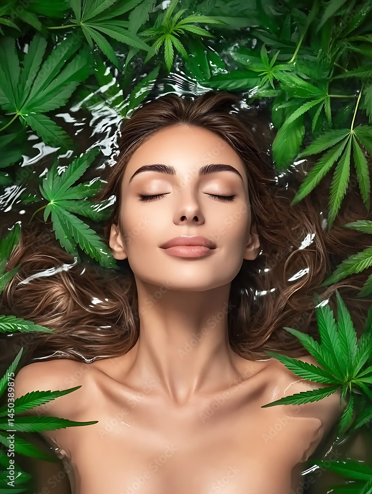 A serene woman lies in water surrounded by vibrant green leaves her eyes closed in tranquil relaxation.