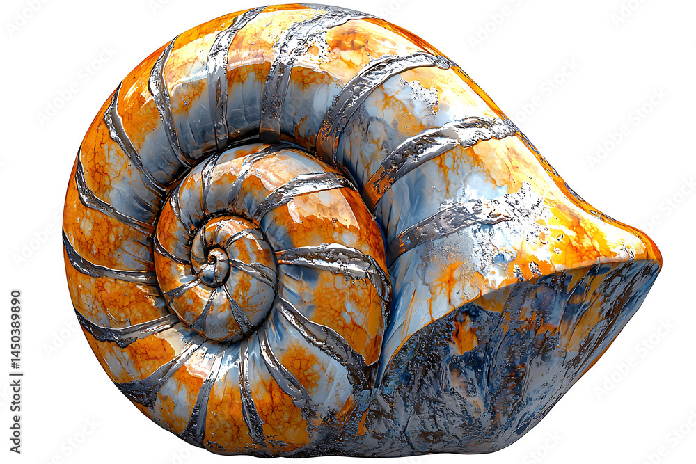 A nautilus shell exhibiting a textured spiraling pattern and featuring contrasting silver and orange colors suggestive of age and unique character.